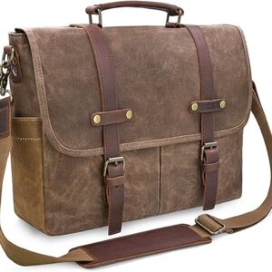 Yeacun-Mens Messenger Bag 15.6 Inch Waterproof Vintage Genuine Leather Waxed Canvas Briefcase Large Leather Computer Laptop Bag Rugged Satchel Shoulder Bag, Brown